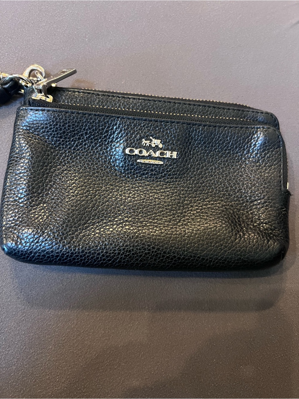 Coach Black Pebbled Leather Wristlet with Logo